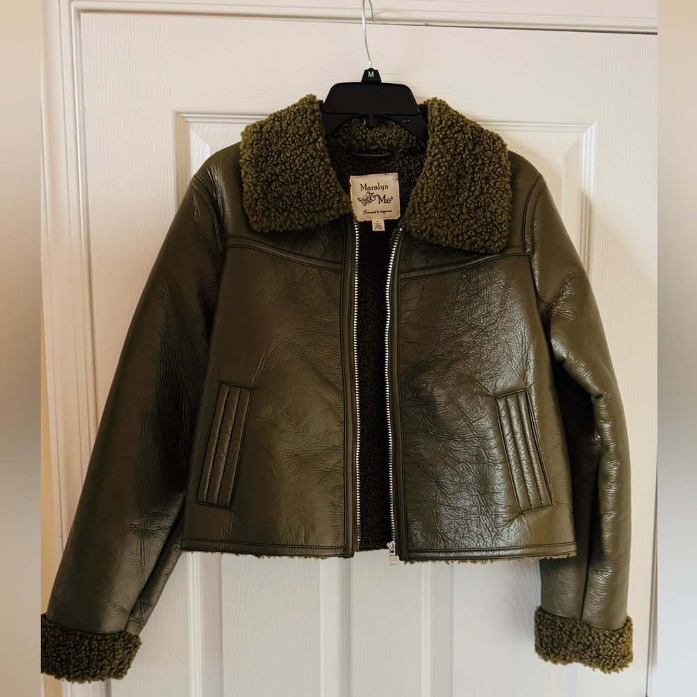 Maralyn & Me Olive Leather Jacket with Shearling Collar - Picture 2 of 6